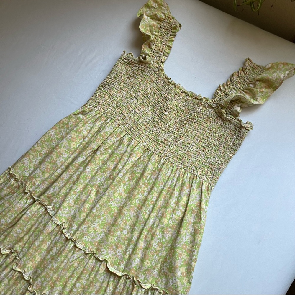 KOURT white‎ green cotton floral print smocked bodice ruffle tiered midi dress - Picture 3 of 7